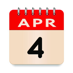 4 day of the month. April. Flip old formal calendar daily icon. Date day week Sunday, Monday, Tuesday, Wednesday, Thursday, Friday, Saturday. Cut paper. White background. Vector illustration. 3d
