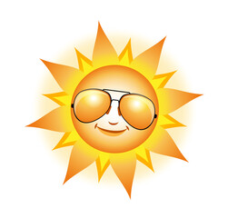 Cheerful, smiling cartoon sun in sunglasses on white background. Vector illustration