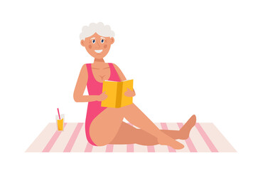 Aged lady sitting on a towel or blanket at the beach and reading book. Vector illustration