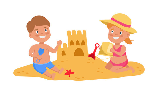 Little boy and girl making sandcastle at the  beach. Summer activities. Vector illustration
