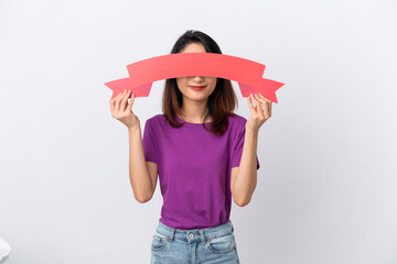 Young Vietnamese woman isolated on white background holding an empty placard and hiding behind it