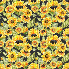 Fototapeta na wymiar Floral seamless pattern with watercolor sunflowers and leaves on the dark background.