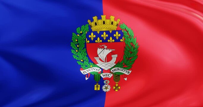 Flag of Paris with coat of arms. Seamless looping animation fluttering in the wind. Background Loop.