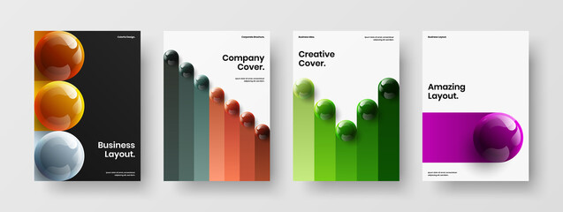 Modern 3D balls book cover illustration collection. Clean booklet design vector concept set.