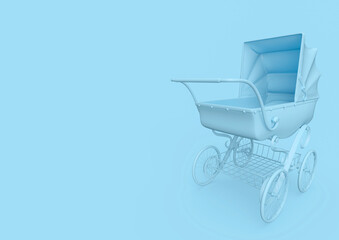 Fototapeta na wymiar victorian pram in minimalism concept on pastel background front side view with copy space