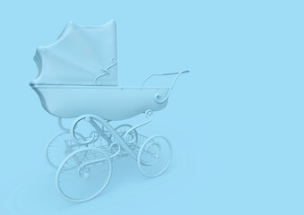 Fototapeta na wymiar victorian pram in minimalism concept on pastel background rear side view with copy space