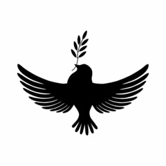 Silhouette Peace dove with olive branch. Vector illustration isolated on white background.