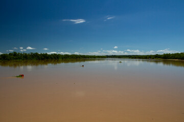 Panorama view of the brown water Parana river under a clear blue sky. View of the wide river and jungle reflection in the water. - obrazy, fototapety, plakaty