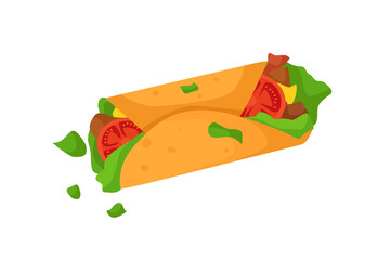 Burrito, appetizer from fast food menu, shawarma. Mexican street food delivery and takeaway