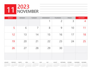 November 2023 year, Calendar planner 2023 and Set of 12 Months,  week start on Sunday. Desk calendar 2023 design, simple and clean design, Wall calendar, Corporate design planner template vector