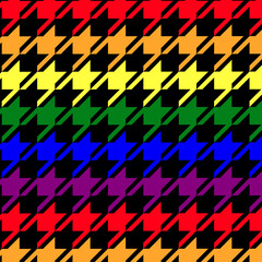 Classic retro houndstooth seamless pattern. Geometric checkered plaid background colored in rainbow pride and black colors. Fabric, textile, skirts, clothes, wrapping paper design. Vector illustration