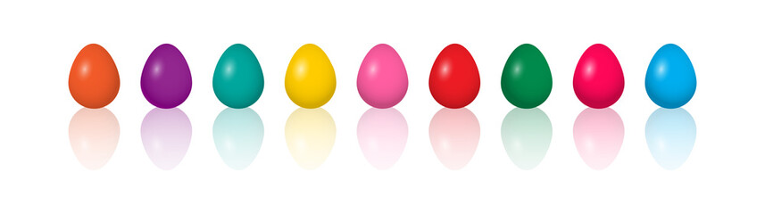 Easter egg in row vector, spring 3d eggs with reflection isolated on white background. Colorful realistic illustration