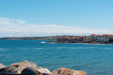 Seascape beach strewn with boulders. Sozopol, Bulgaria