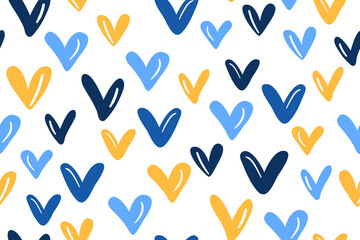 Seamless pattern with blue hearts. Template holiday vector illustration. Design for card, postcard, poster, print, banner. Cartoon colorful hearts on white background