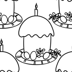 Seamless pattern with Easter cake on white background. Hand drawn Happy Easter symbol. Design for card, postcard, wallpaper, poster, fabric, textile. Holiday sweet food. Doodle style