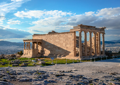 The Erechtheion (or Erechtheum), an ancient Greek temple on the north side of the Acropolis of Athens in Greece, dedicated to Athena and Poseidon.