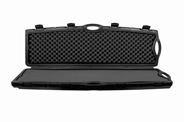 Black plastic case with foam inside. Weapon case isolate on white back.