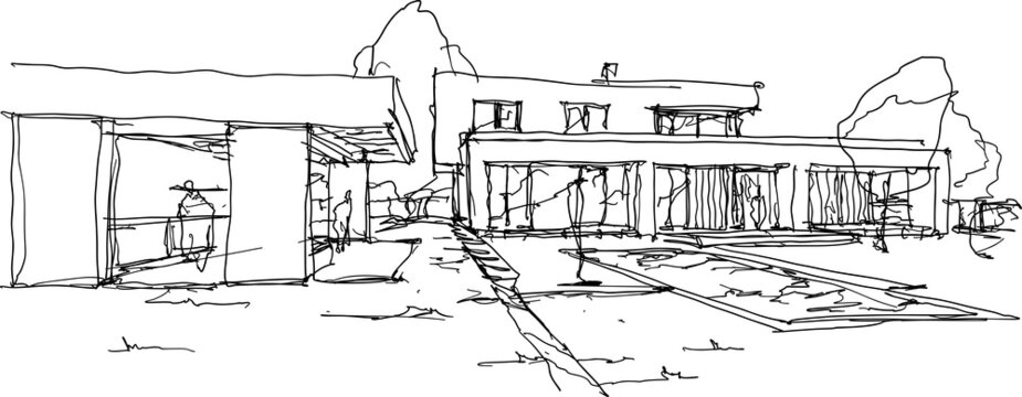 hand drawn architectural sketches of modern one story detached house with garden house and swimming pool and people around