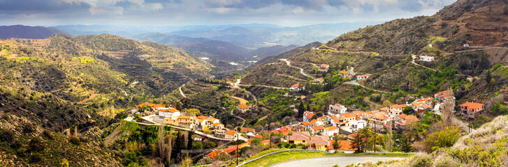 Fototapeta premium Panoramic view of the Melini village on the slopes of the Troodos Mountains, Republic of Cyprus