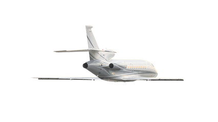 Modern corporate business jet during flight, isolated on white background, back view close up
