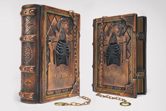 Antiqued brown leather book with rib cage stay up isolated