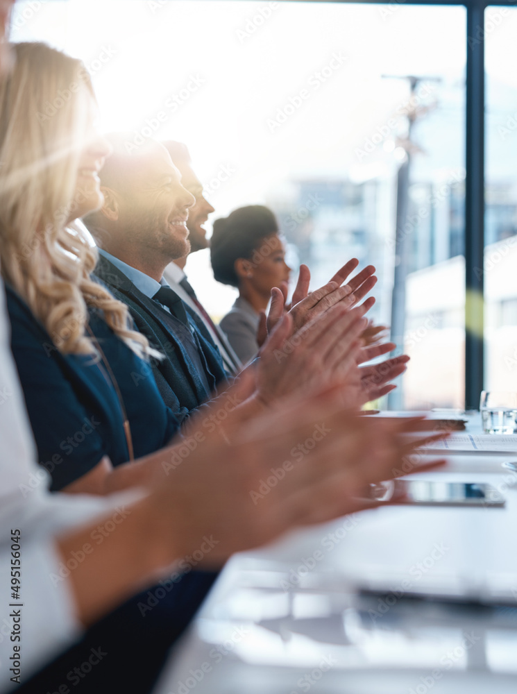 Poster Giving recognition where recognition is due. Cropped shot of a group of unrecognizable businesspeople applauding during a business presentation.