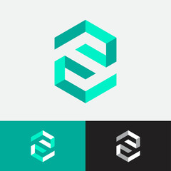 Letter S. S monogram consists of green ribbon or bent strips. Symbol like Isometric projection, impossible figures. 3D imitation.