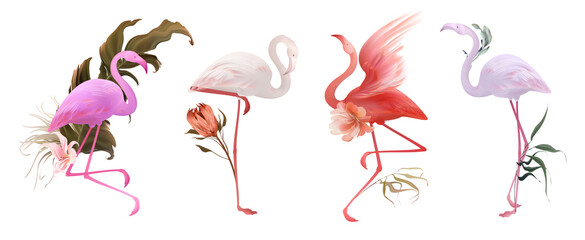 Tropical flamingo art, Wedding invitation frame set  flowers, leaves, watercolor. Sketched wreath, floral and herbs garland with green, palm leaves. Handdrawn Vector Watercolour style, nature art. © Gluiki