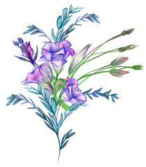 delicate graceful bouquet for greeting cards of purple eustoma flowers and yucca twigs isolated on a white background