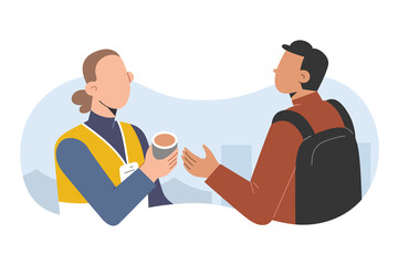 Young woman volunteering, serving hot drinks, female volunteer wearing reflective vest and badge helping refugees, charity work, humanitarian aid, editable vector cartoon illustration