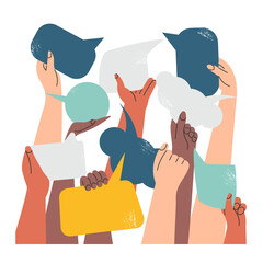 People's hands exchange ideas and holding speech bubble with vote and election. Team cooperation communicate collaborate. Diversity multicultural group with talk message cartoon vector illustration - obrazy, fototapety, plakaty
