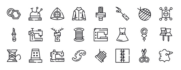 sew thin line icons set. sew outline icons collection. sewing marker, pincushion, rotary, jacket, threading, ripper, yarn ball simple vector illustration.