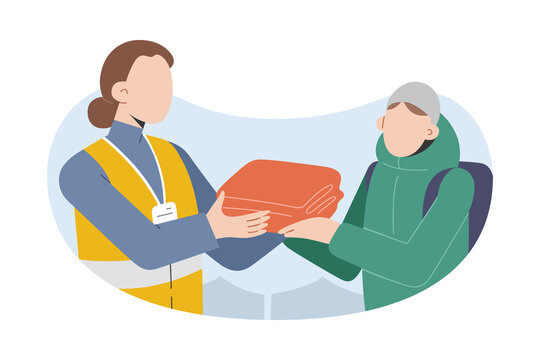 Female Volunteer Helping Refugees, Distributing Warm Blankets And Clothes, Working In Refugees Facility, Young Woman Doing Charity Work, Volunteering, Wearing Yellow Vest, Badge, Vector Illustration