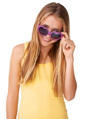 Say what. Portrait of a cute teen girl peering over her heart-shaped glasses.