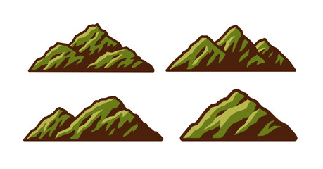 Set of Green mountains vector illustrations. Mountain tops outdoor landscape, hilltop, hiking mountain valley landscape vector illustration set. Range rock, mountain rocky environment top