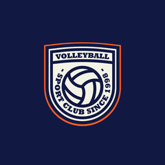 Volleyball Team Sport colorful  vintage logo. Blue and red emblem. Retro ball Logo on light and dark blue background	