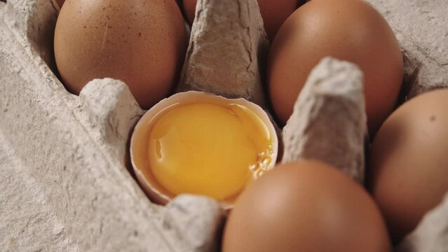 The broken egg in the container among the whole eggs. Chicken yolk. Chicken brown fresh raw eggs in a paper box. 