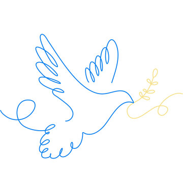 Dove of peace. Concept of peace for Ukraine. Line art dove and branch in colors of Ukrainian flag blue and yellow. Vector illustration 