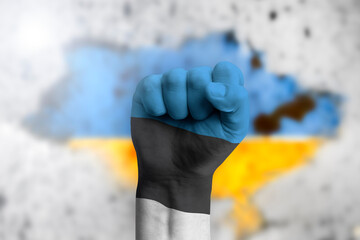 Estonia helps Ukraine and stands in solidarity with it. The concept of humanitarian aid to Ukraine. The fist is painted in the colors of the Estonian flag on the background of the Ukrainian flag