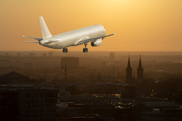 Big commercial passenger airplane taking off over a city during orange sunrise with copy space, rear view