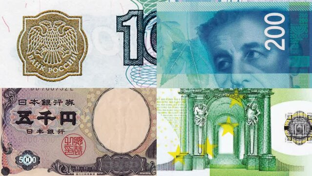 National currencies of different countries. Banknotes background. Business and economy concept. Euro, Dollar, Yen, Won, Yuan, Ruble.