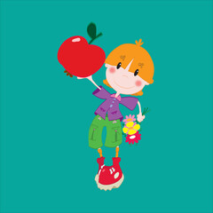 A BOY WITH AN APPLE AND FLOWERS
