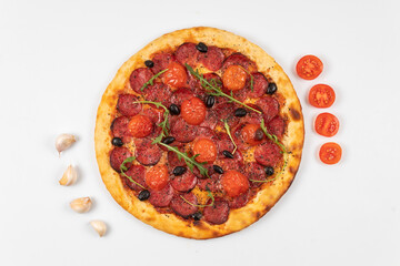 pizza tomato meat vegetables sausage olives