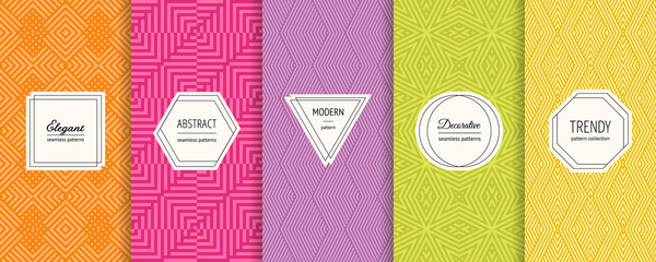 Vector geometric seamless patterns collection. Set of bright colorful background swatches with elegant minimal labels. Cute abstract textures. Trendy design. Orange, pink, purple, green, yellow color