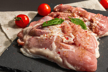 Raw turkey thigh with spices. Fresh boneless meat on a ceramic stand. Hard light, dark shadow