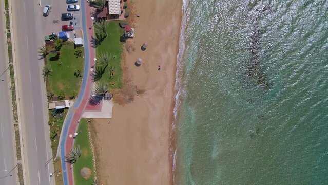 Aerial 4k top view of the Long Beach in Famagusta, North Cyprus