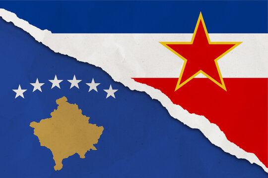 Kosovo and Yugoslavia flag ripped paper grunge background