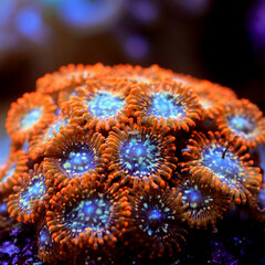 Close up photography of uther chaos orange and small colony of zoanthid polyps