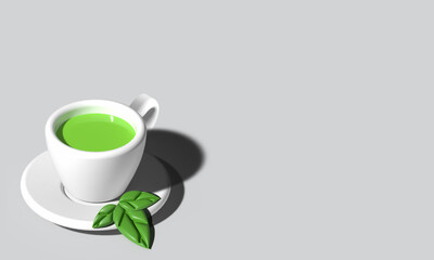 Obraz na płótnie Canvas 3d rendering green hot tea. 3d render of green tea on mug. Realistic 3d glass green tea cup