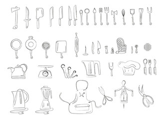 Large set of kitchen tools. Kitchen appliances hand drawn. Illustrations on a white background in doodle style.